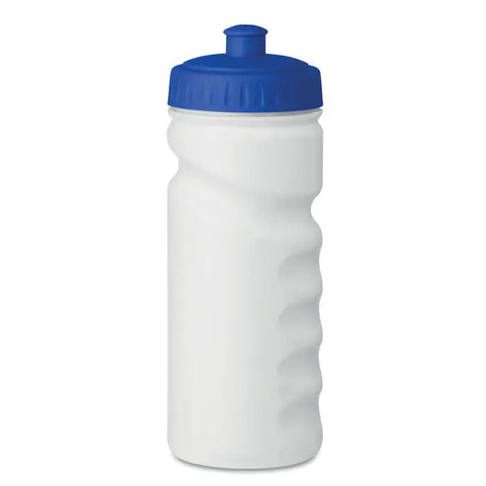 Sticla sport 500ml albă din plastic cu capac albastru și suprafață texturată pentru prindere suplimentară