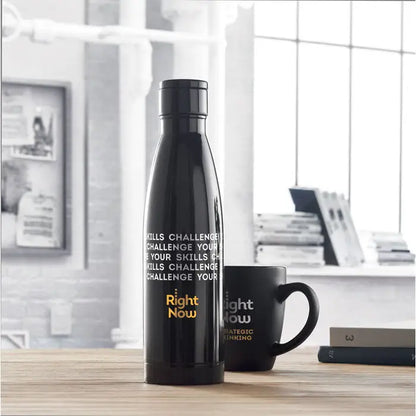 Sticlă termometru 500ml neagră din oțel inoxidabil cu text folie aurie right now și frază repetitivă deasupra