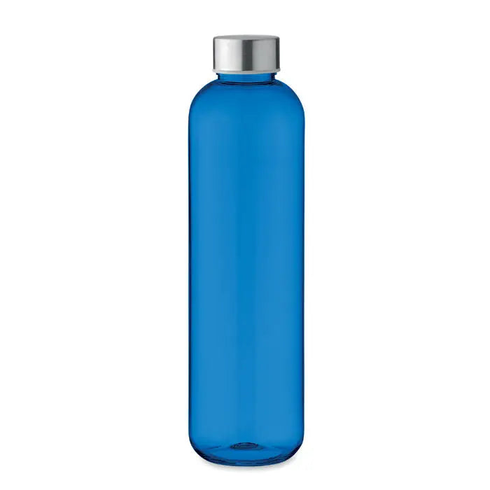 Sticla tritan 1l este o sticla de apa translucida albastra din plastic tritan cu capac metalic argintiu lucios