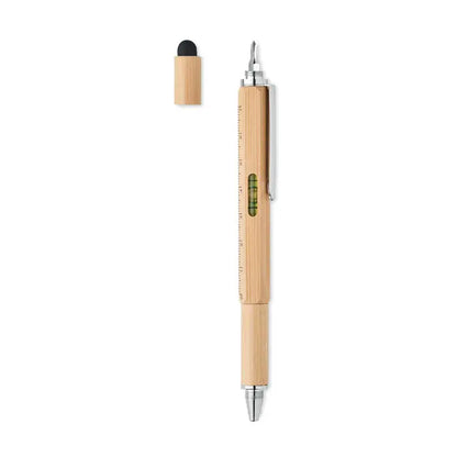 Bamboo multi-tool pen cu nivel de bumbac din bambus, accente metalice argintii si varf de cauciuc negru