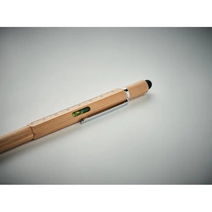 Stilo cu nivel de bumbac din bambus maro deschis cu clip metalic argintiu si vial cu lichid verde integrat