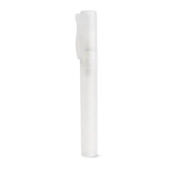 Stilo de curatare pentru maini flacon spray din plastic transparent cu capac alb si mecanism de pulverizare