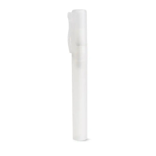 Stilo de curatare pentru maini flacon spray din plastic transparent cu capac alb si mecanism de pulverizare