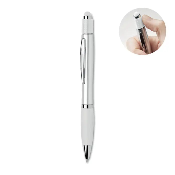 Stilou stilo spinner argintiu si alb cu finisaj metalic si varf stylus incorporat pentru ecrane tactile