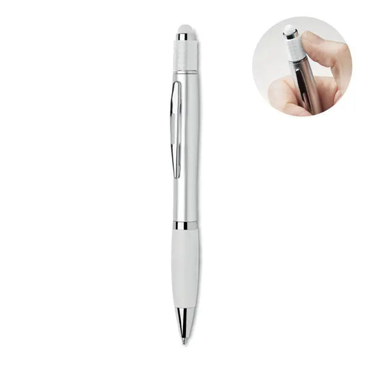 Stilou stilo spinner argintiu si alb cu finisaj metalic si varf stylus incorporat pentru ecrane tactile