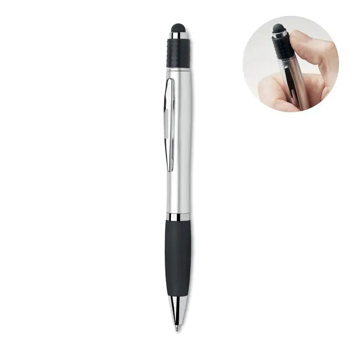 Stilou stilo spinner argintiu si negru cu grip texturat si functie dubla pentru scris si ecran tactile