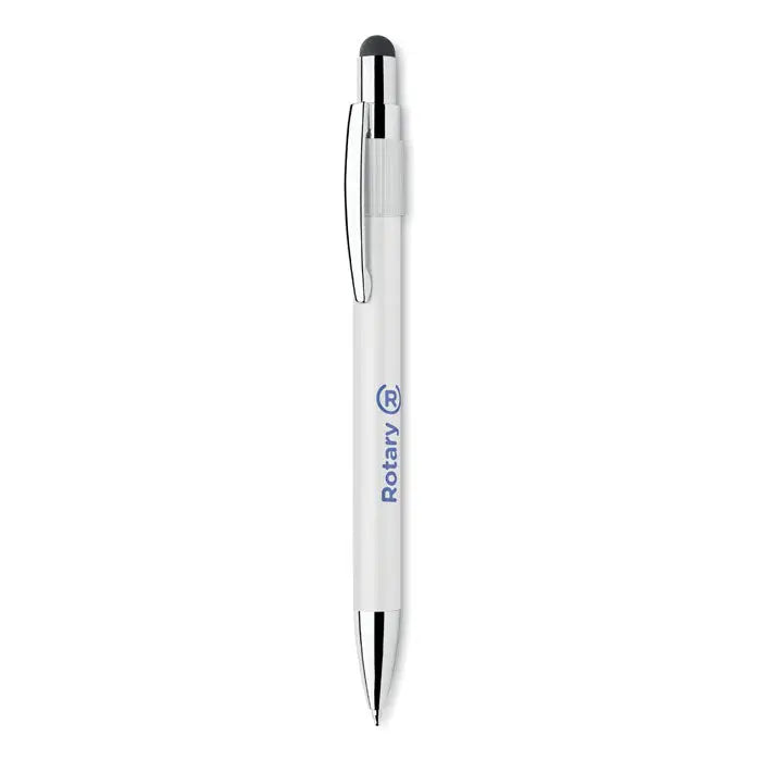 Stilou spinner stilo alb cu accente metalice argintii si varf negru pentru scris rotativ