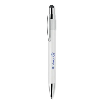 Stilou spinner stilo alb cu accente metalice argintii si varf negru pentru scris rotativ