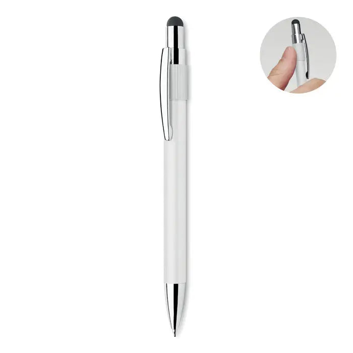 Stilou stilo spinner alb si argintiu cu varf negru, clip si capac metalic, stilou elegant pentru scris