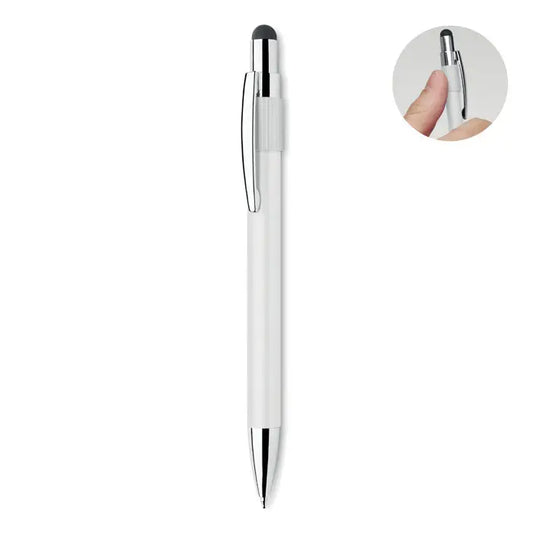 Stilou stilo spinner alb si argintiu cu varf negru, clip si capac metalic, stilou elegant pentru scris