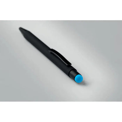 Stilou din aluminiu cu pix negru, capac albastru intens si grip texturat pentru scris confortabil