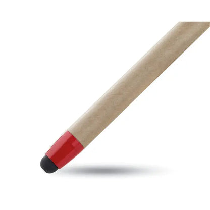 Stilou din carton reciclat cu stilou din lemn maro deschis cu accent rosu vibrant si varf negru