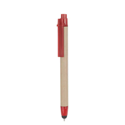 Stilou din carton reciclat rosu si bej cu grip texturat si mecanism clic pentru scris cu cerneala neagra eco-friendly