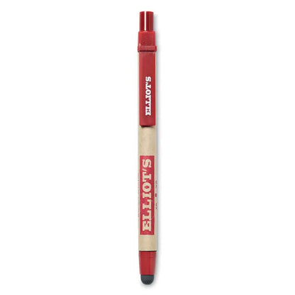 Stilou din carton reciclat rosu si bej stilou cu rollerball si branding elliot pe capac si corp