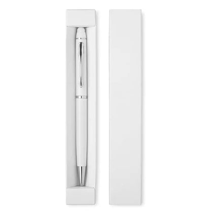 Stilou alb elegant cu accente argintii si clip metalic lustruit in cutie de hartie