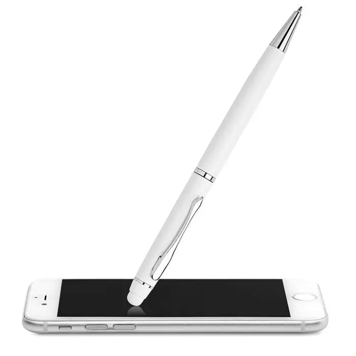 Stilou alb elegant cu accente argintii și vârf metalic pe un smartphone în cutie de hârtie