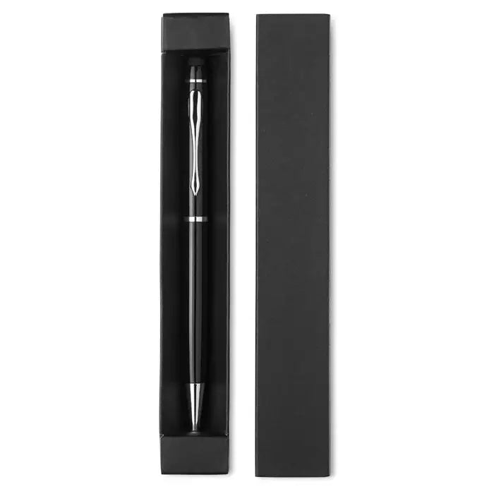 Stilou negru cu accente argintii din metal, design modern, prezentat in cutie de hartie