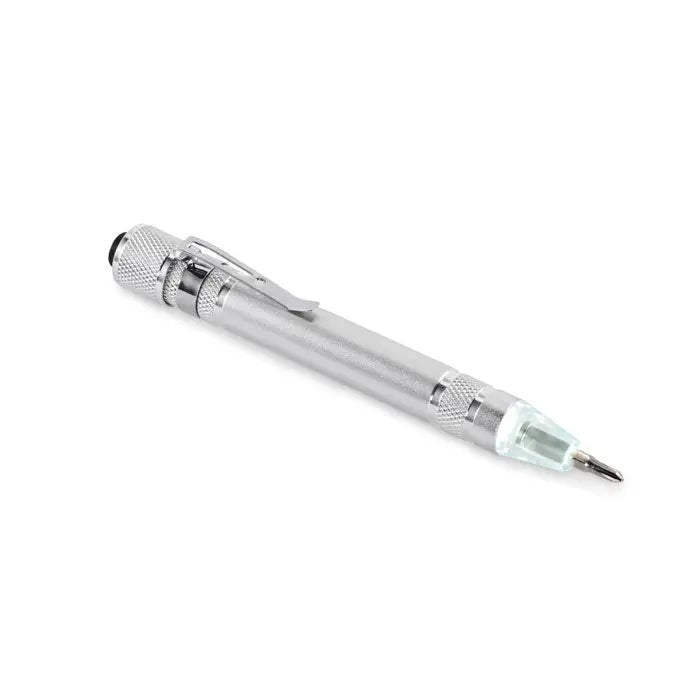 Stilou multifunctional reciclat argintiu metalic cu grip texturat si varf transparent din plastic