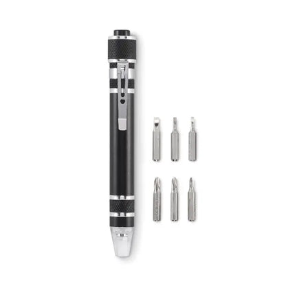 Stilou multifunctional reciclat black and silver multi-bit screwdriver pen with textured grip sections