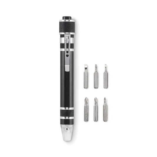 Stilou multifunctional reciclat black and silver multi-bit screwdriver pen with textured grip sections