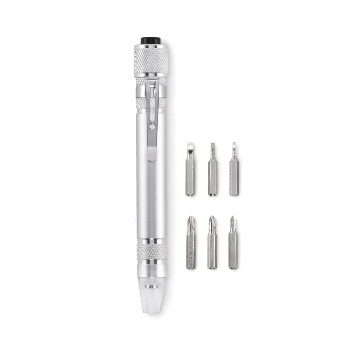 Stilou multifunctional reciclat silver multi-bit screwdriver pen with textured grip and interchangeable metal bits