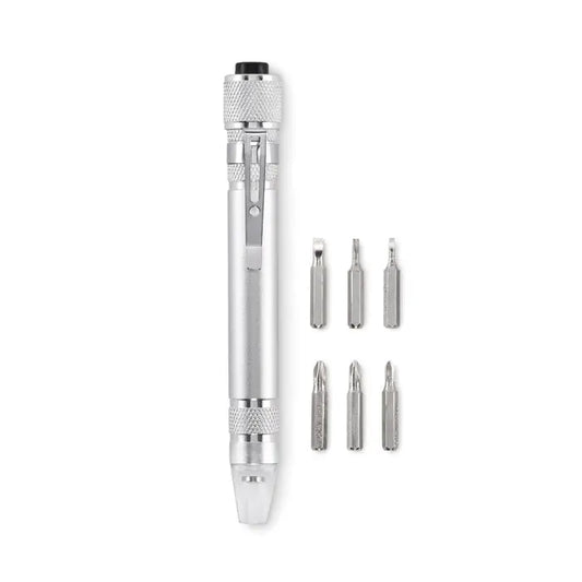 Stilou multifunctional reciclat silver multi-bit screwdriver pen with textured grip and interchangeable metal bits