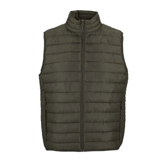 Vestă bodywarmer bărbătească olive închisă din puf matlasat cu guler înalt și fermoar frontal