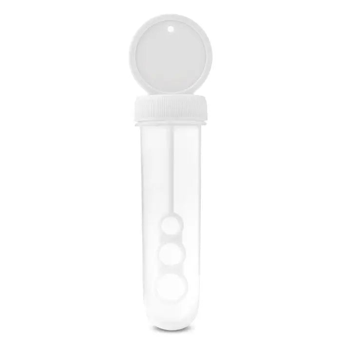 Suflanta cu bule alba din plastic cu corp cilindric transparent și trei bule circulare în interior cu capac alb înfiletat