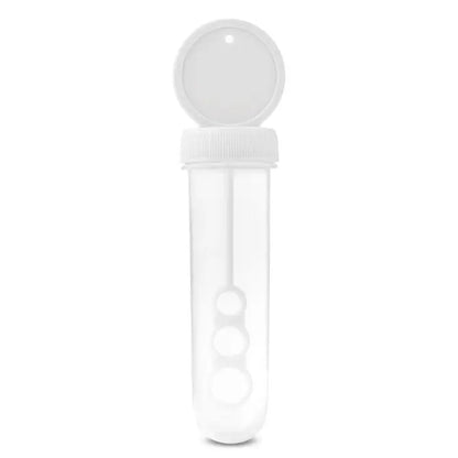 Suflanta cu bule alba din plastic cu corp cilindric transparent și trei bule circulare în interior cu capac alb înfiletat