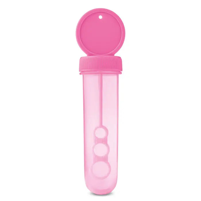 Suflanta cu bule roz din plastic cu capac rotund si trei cercuri pentru bule colorate