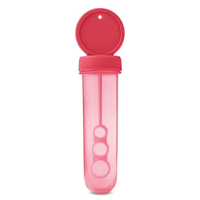 Suflanta cu bule roz din plastic cu capac si trei cercuri pentru suflat bule de sapun