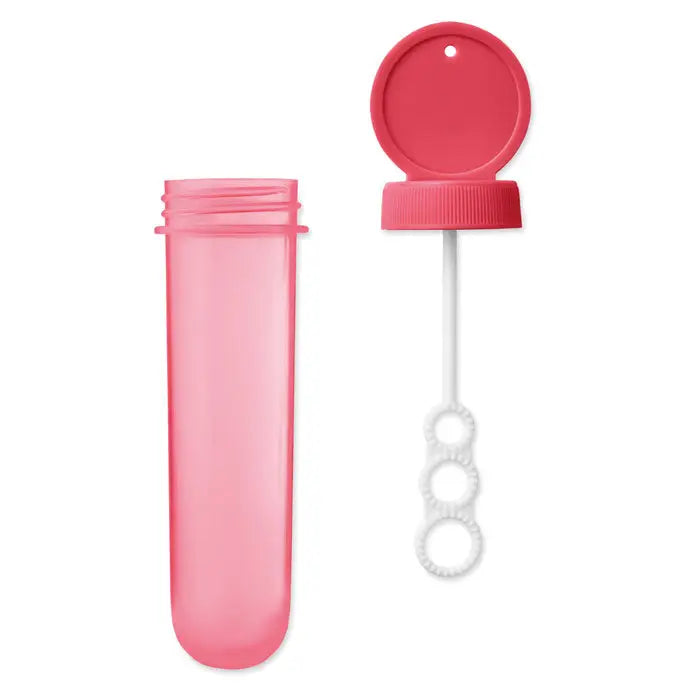 Suflanta cu bule roz din plastic cu maner alb si trei inele circulare, insotita de tub cilindric roz pentru depozitare