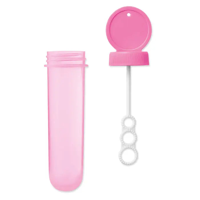 Suflanta cu bule roz din plastic cu maner alb si trei cercuri circulare si tub cilindric de depozitare rosa