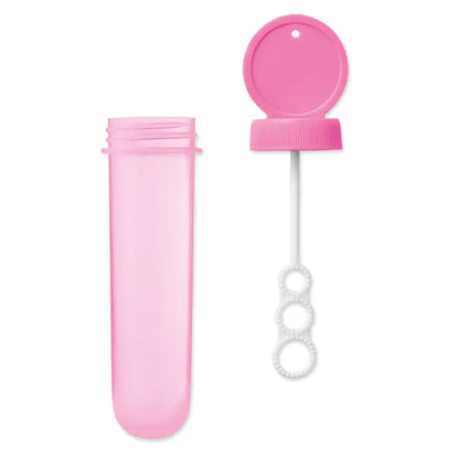 Suflanta cu bule roz din plastic cu maner alb si trei cercuri circulare si tub cilindric de depozitare rosa