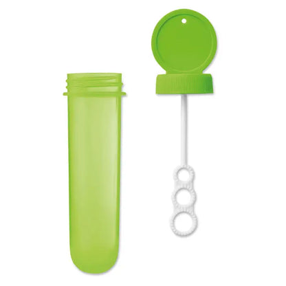 Suflanta cu bule lime verde din plastic cu maner alb si trei inele circulare, insotita de cutie cilindrica de depozitare