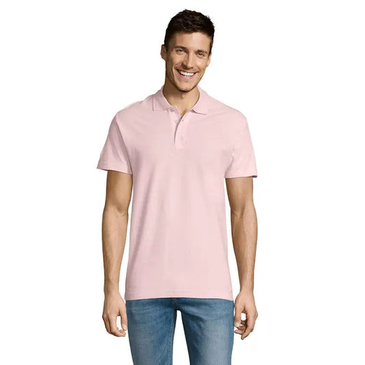 Bărbat purtând un tricou polo de vară pentru bărbați două mâneci scurte și guler clasic roz deschis 170g