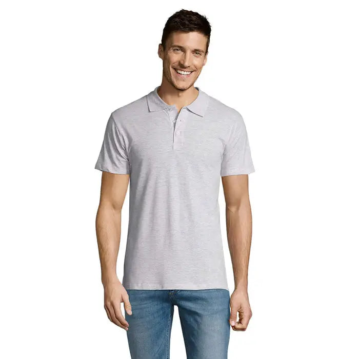 Tricou polo summer ii men gri deschis cu textura, guler clasic si fenta cu nasturi, din material 170g