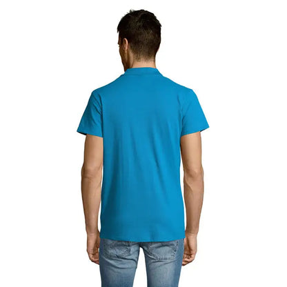 Polo albastru solid pentru bărbați summer ii cu mâneci scurte colar clasic și cusături fine 170g