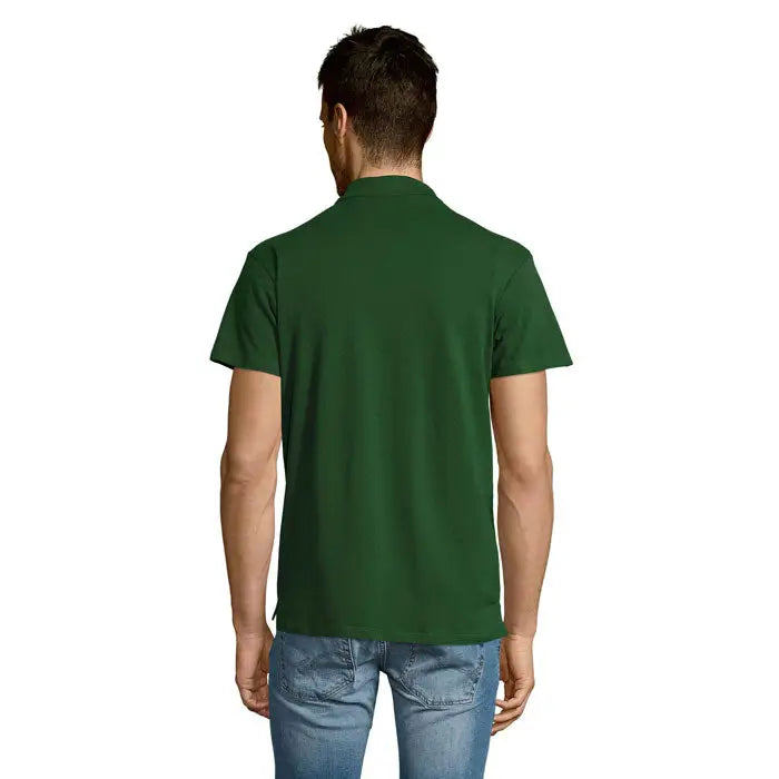 Polo solid verde închis cu mâneci scurte, guler clasic și tiv striat, fabricat din 170g material, summer ii men polo