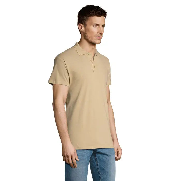 Tricou polo bărbați beige cu mâneci scurte, guler clasic și nasturi, material 170g pentru vară