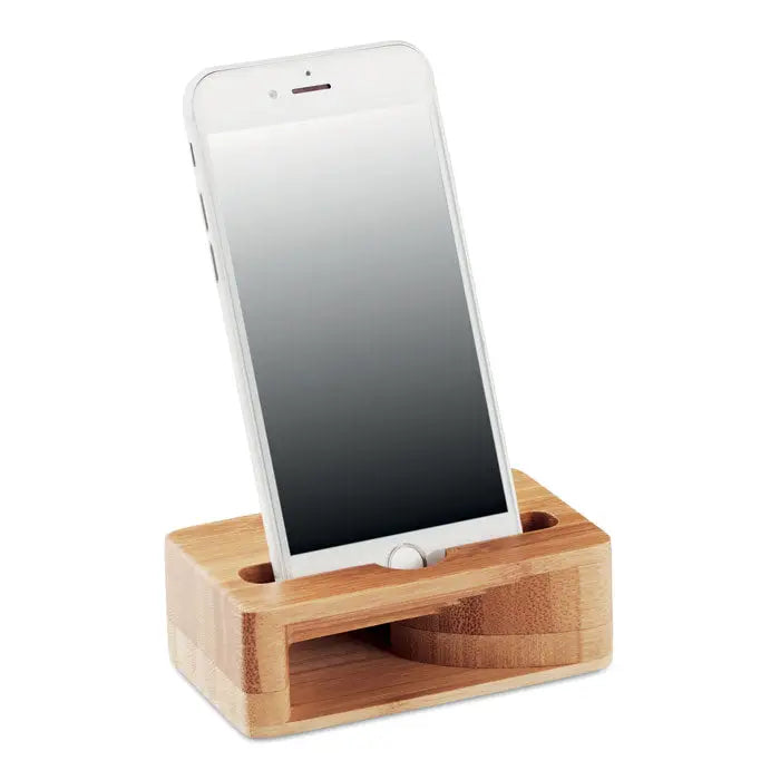 Suport-amplificator pentru telefon din bambus cu granulație naturală, alb iphone într-un suport minimalist