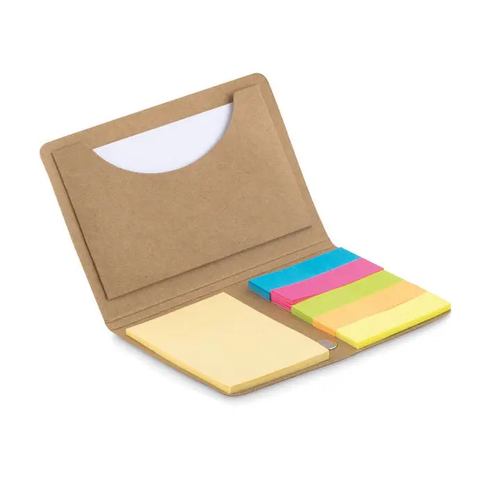 Suport card din hartie kraft maro cu buzunar alb, bloc notes galben si benzi adezive colorate pentru notite