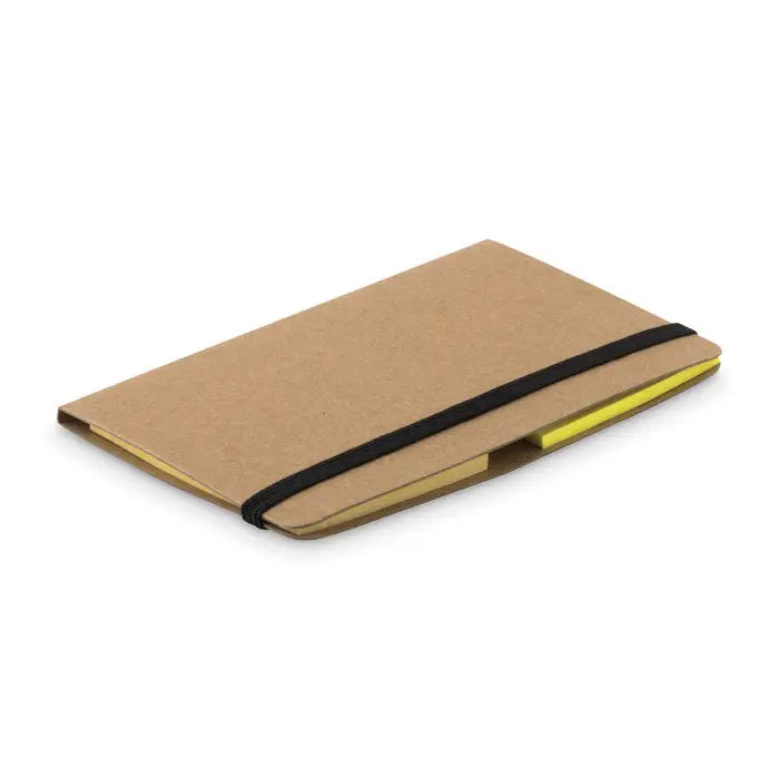 Suport card cu set de note format din carnet kraft maro cu elastic negru si pagini galbene