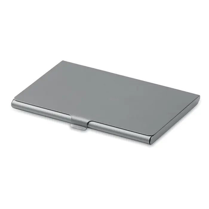 Suport card de vizita metalic argintiu minimalist cu finisaj neted si detaliu subtil la balama