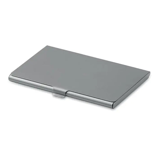 Suport card de vizita metalic argintiu minimalist cu finisaj neted si detaliu subtil la balama