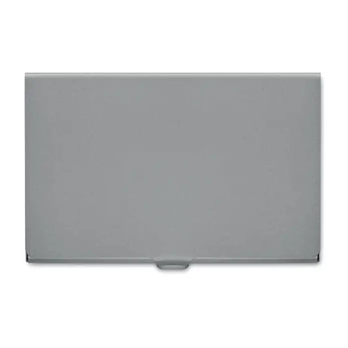 Suport card de vizita din metal gri cu design minimalist si finisaj neted cu detaliu subtil la balama