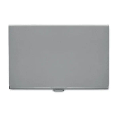 Suport card de vizita din metal gri cu design minimalist si finisaj neted cu detaliu subtil la balama