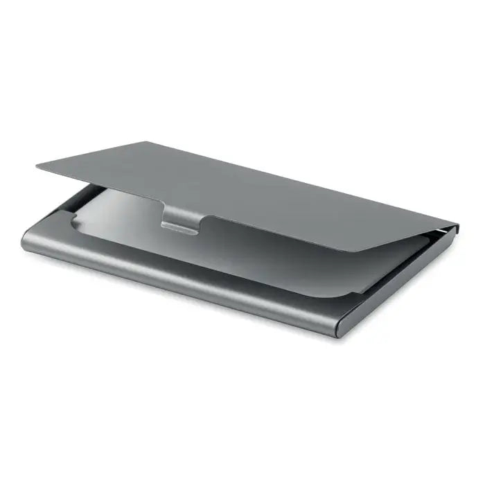 Suport card de vizita din metal gri, finisaj neted si margini precise, design minimalist si elegant