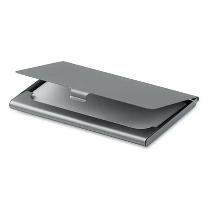 Suport card de vizita din metal gri, finisaj neted si margini precise, design minimalist si elegant