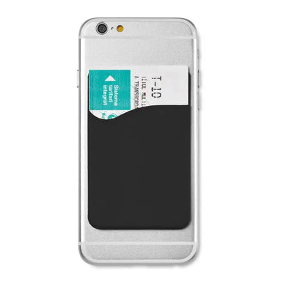 Suport card din silicon negru magnetic atasat pe spatele unui iphone argintiu